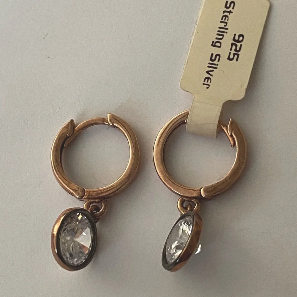 925 Silver round cz stone hoops earrings 14k rose gold plated